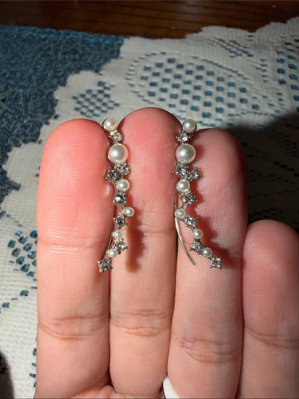 Delicate Pearl & Crystal Curved Drop Earrings - Silver Tone